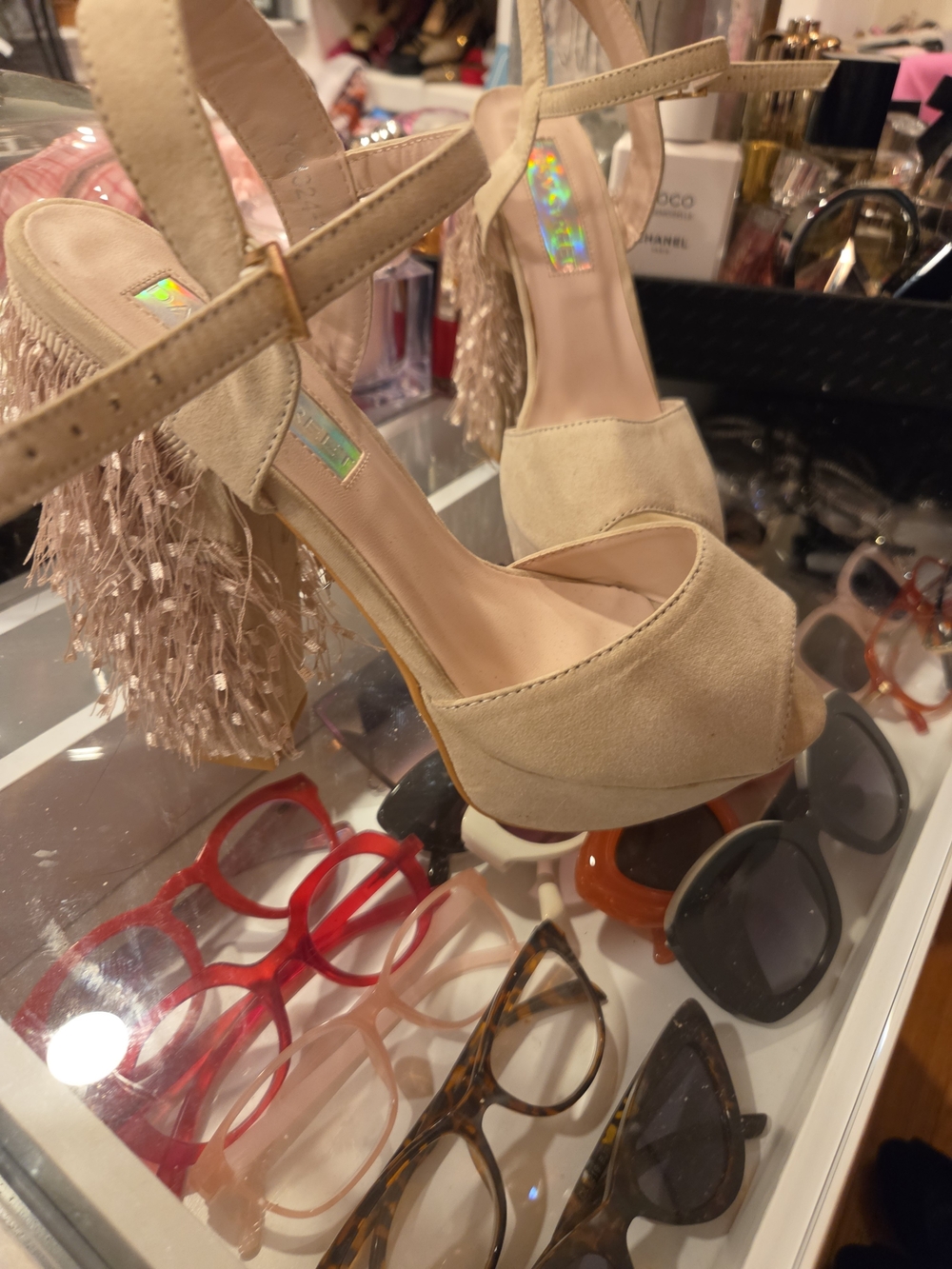 Beige Fringe Platform High Heels